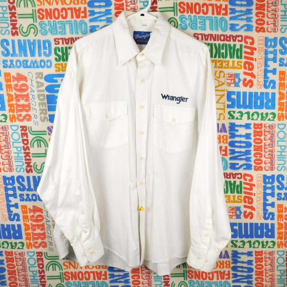 Vintage Wrangler Western Shirt Mens XL White Embroidered Logo Cotton Button Up
